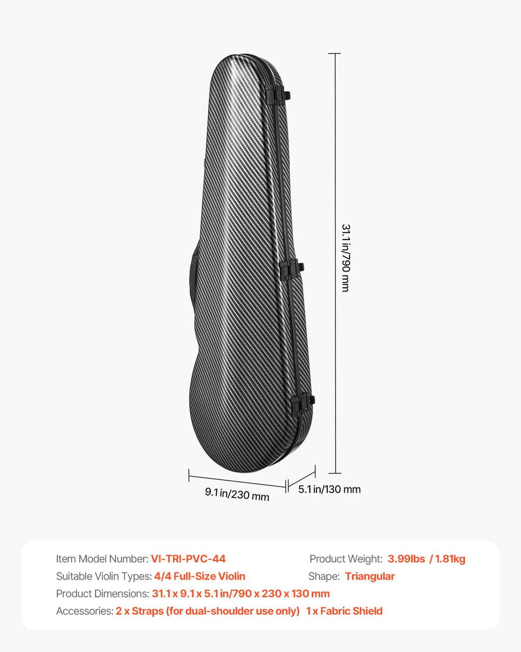 VEVOR 4/4 Full Size Violin Case, Built-in Hygrometer, Lightweight Portable Travel Carrying Bag, with Plush Lining, Dual Shoulder Straps, Anti-Scratch, Professional Triangular Shape, for Violin, Black