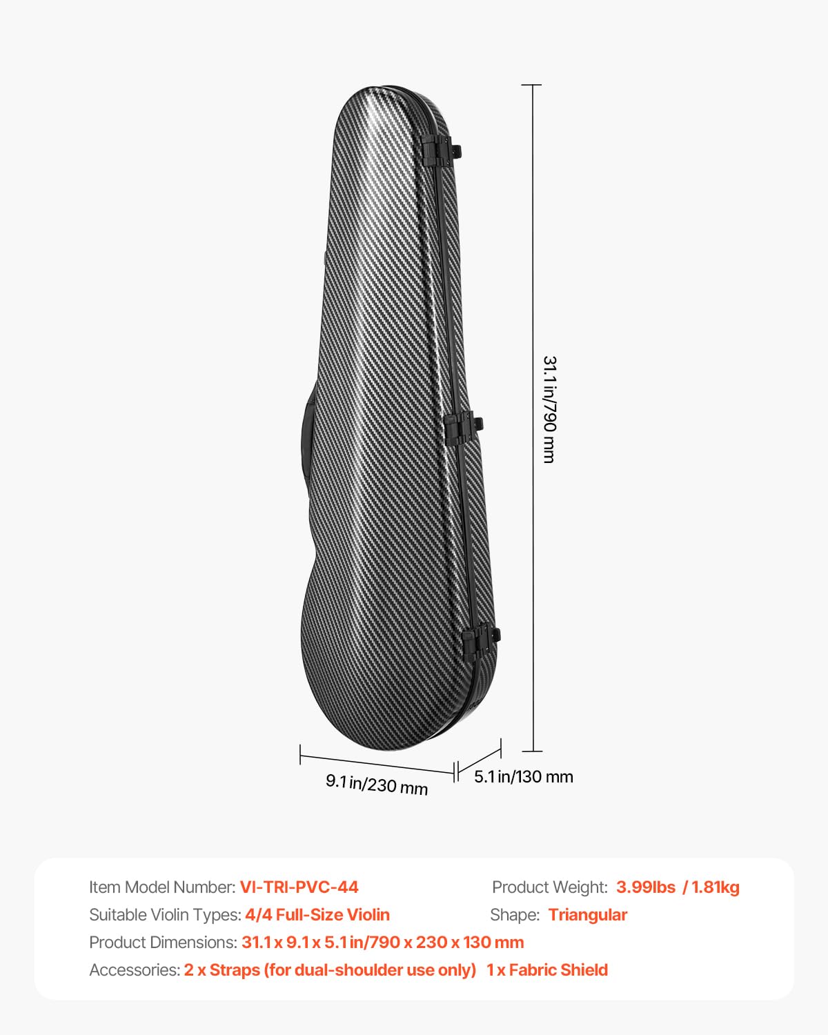 VEVOR 4/4 Full Size Violin Case, Built-in Hygrometer, Lightweight Portable Travel Carrying Bag, with Plush Lining, Dual Shoulder Straps, Anti-Scratch, Professional Triangular Shape, for Violin, Black