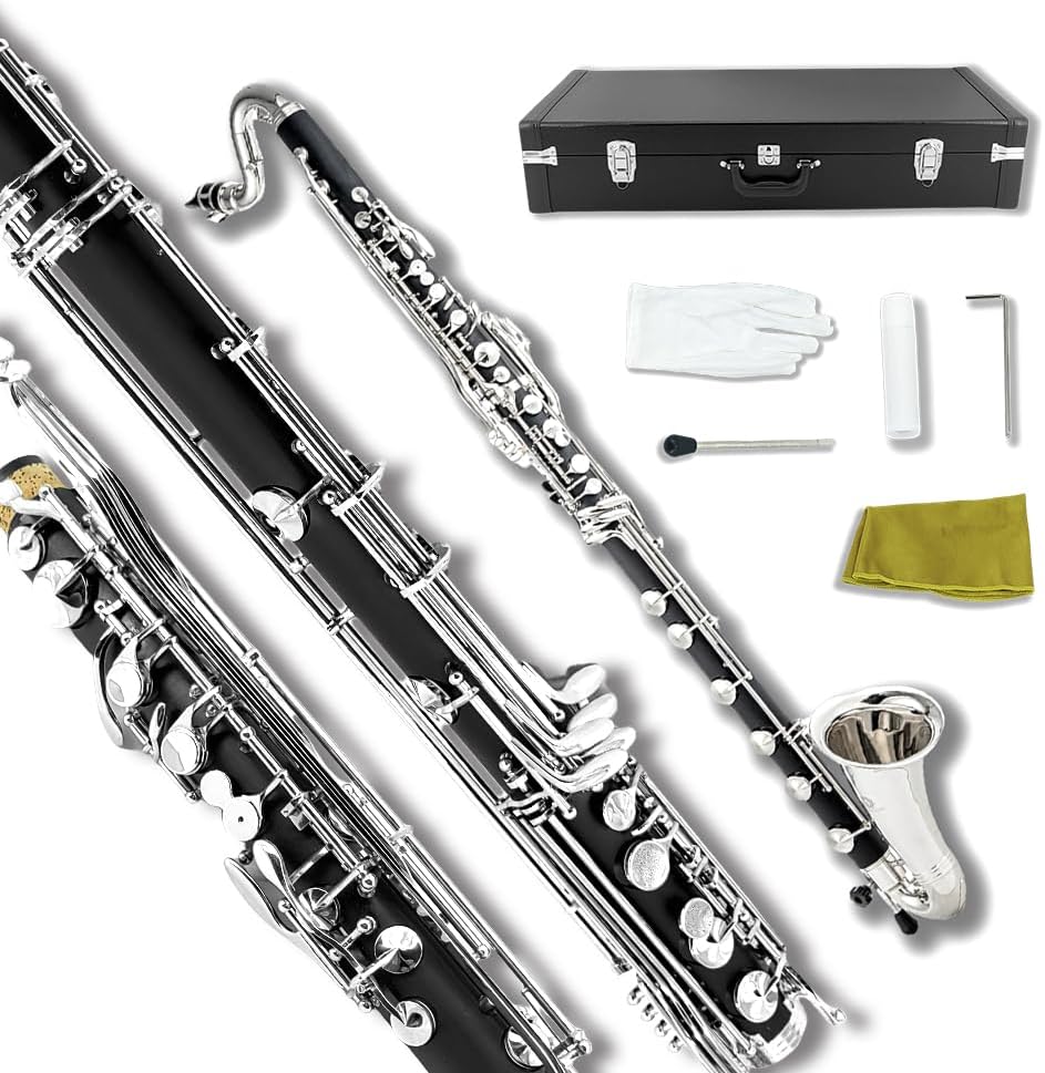 Yinfente ABS Bass Clarinet Kits for beginners Low C Bb Flat Clarinete Professional Silver Plated Keys Hard Case,Cleaning Kits,Gloves And Cork Grease