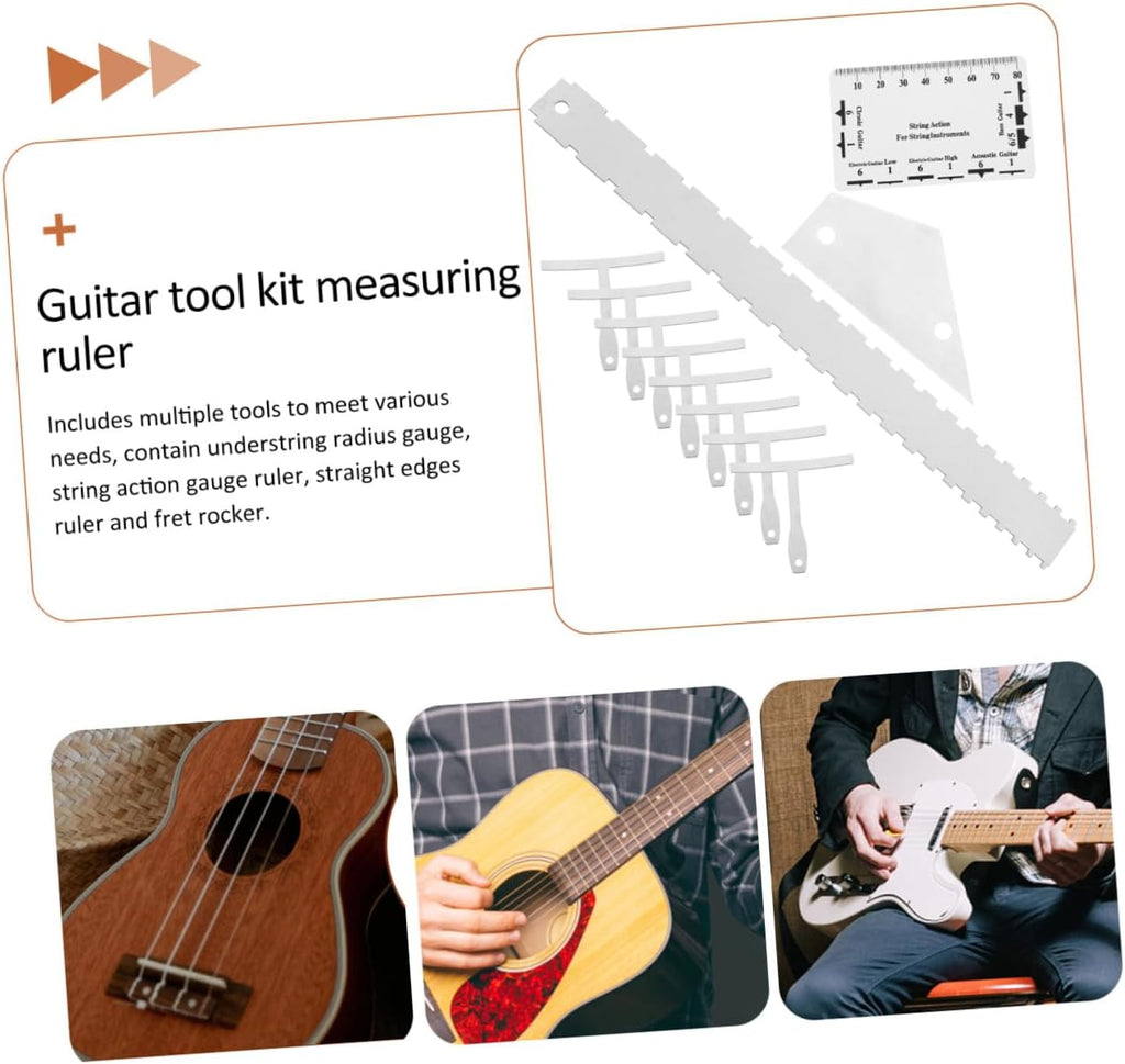 12pcs Guitar Luthier Tools Set Metal String Action Gauge Ruler Radius Gauge Fret Rocker Straight Edge for Acoustic Electric Guitar Bass Repair and Setup