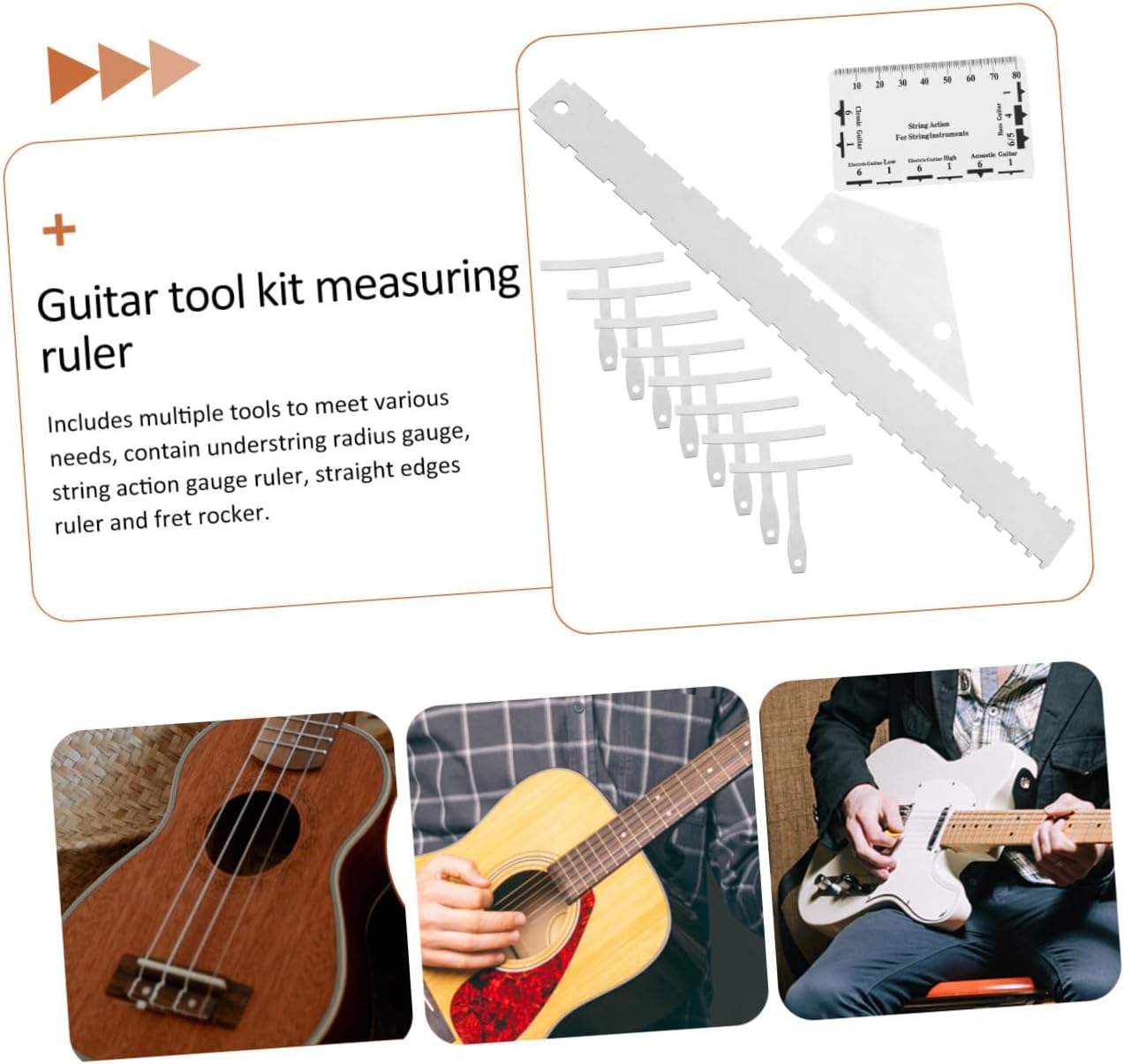 12pcs Guitar Luthier Tools Set Metal String Action Gauge Ruler Radius Gauge Fret Rocker Straight Edge for Acoustic Electric Guitar Bass Repair and Setup