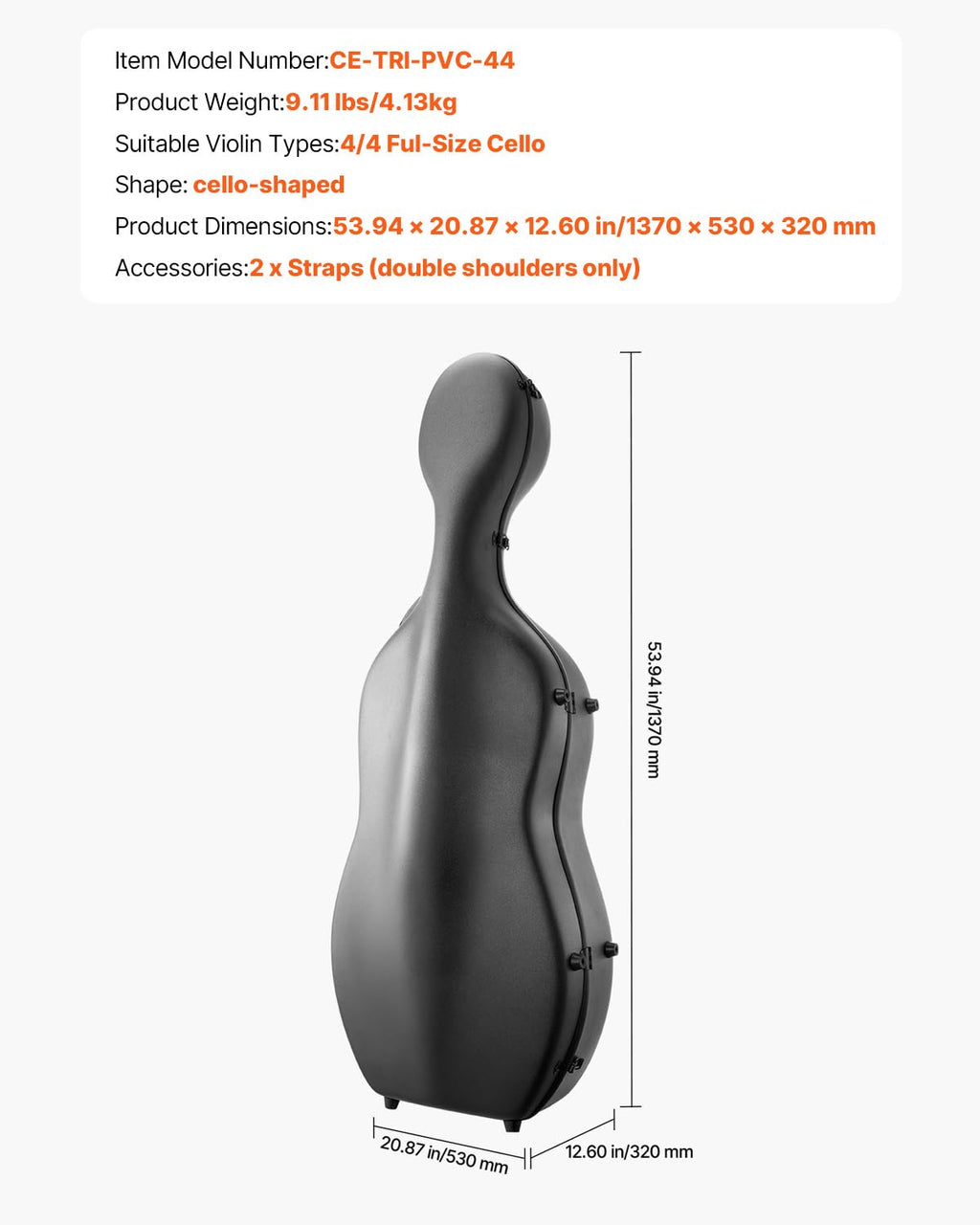 VEVOR 4/4 Full Size Cello Case, Lightweight Portable Travel Carrying Bag, with Dual Shoulder Straps, Anti-Scratch, Professional Cello-Shape, for Cello, Black