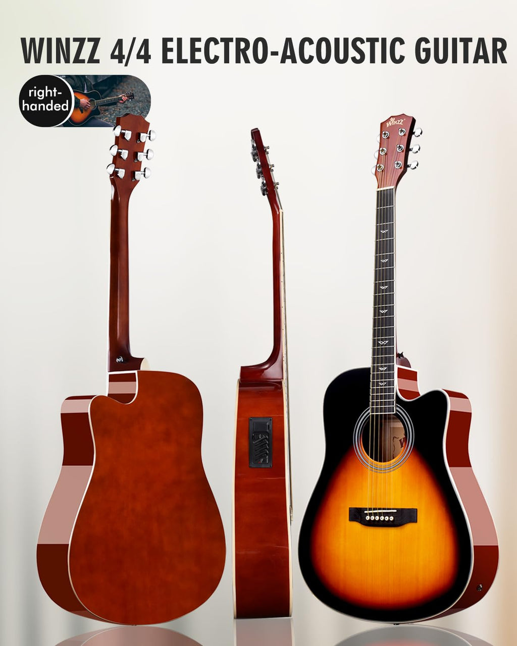 Winzz 4/4 Electro Acoustic Guitar, Left-Handed Western Guitar Set, Adult Beginners, Acoustic Guitar 41 Inch with 4-Band Equaliser (Dreadnought,Glossy Sunburst)