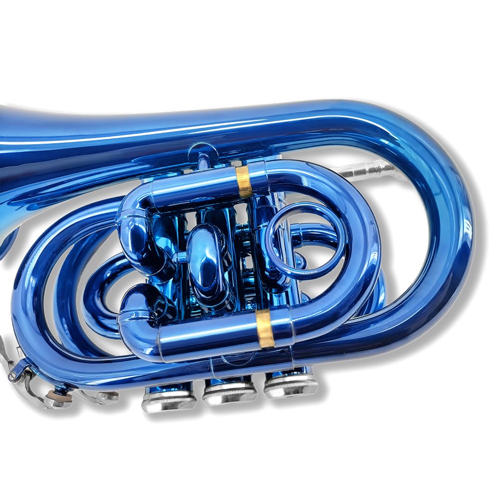 Pocket Trumpet Bb Flat Brass Trumpet for Beginner Student with 7C Mouthpiece Carrying Hard Case Cleaning Cloth Gloves