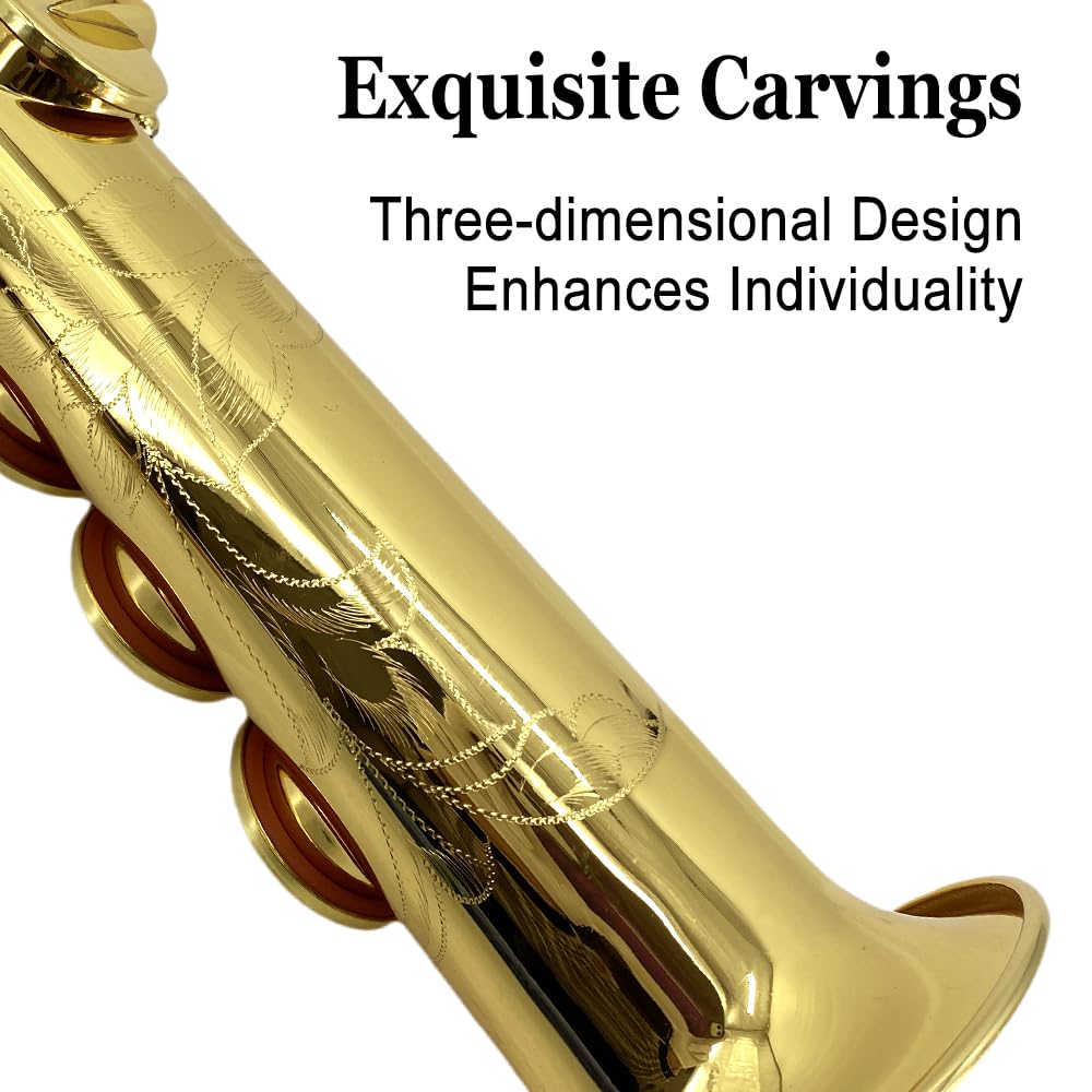 Bb Straight Soprano Saxophone Gold Lacquer Brass with Exquisite Carving and Shell Keys Full Set Includes Hard Case Mouthpiece Reeds Gloves for Students