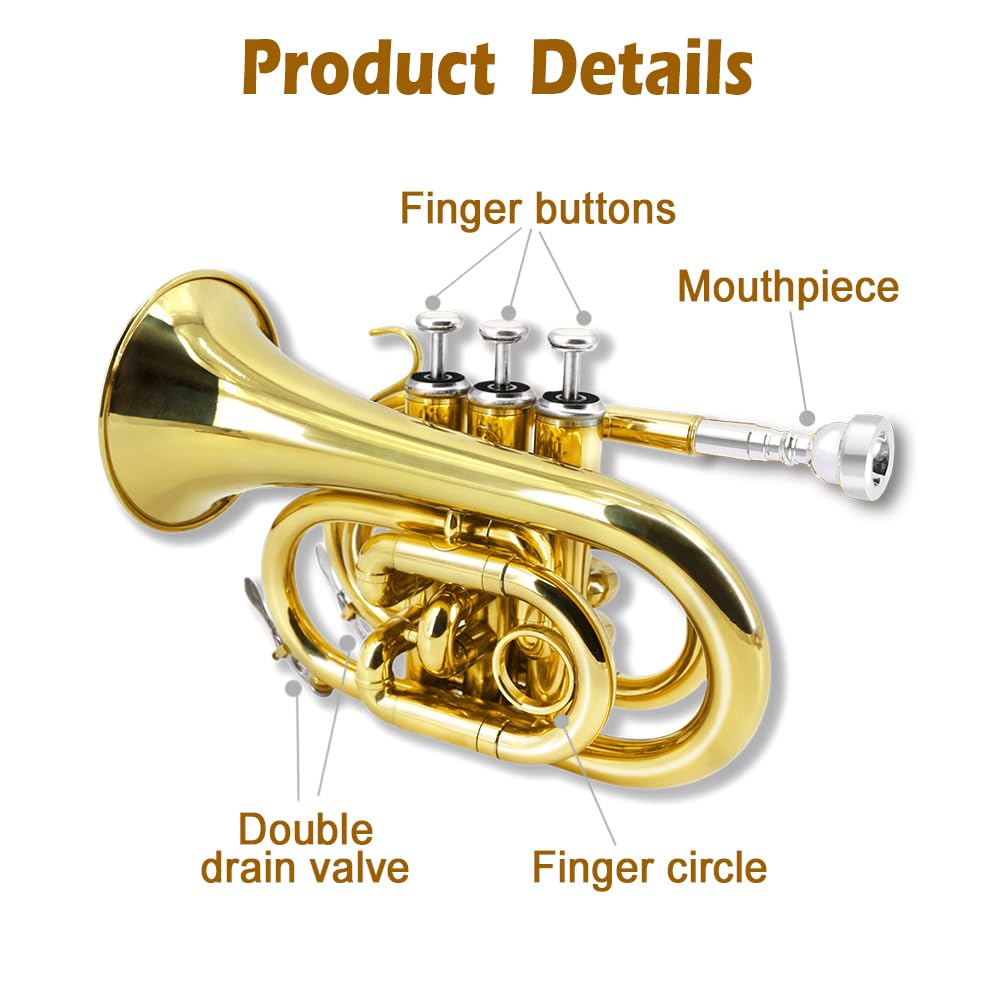 Yinfente Bb Flat Pocket Trumpet Bass Trumpet For Beginner,Student With Cleaning cloth, Silver plated 7C mouthpiece,hard case White gloves (Gold)