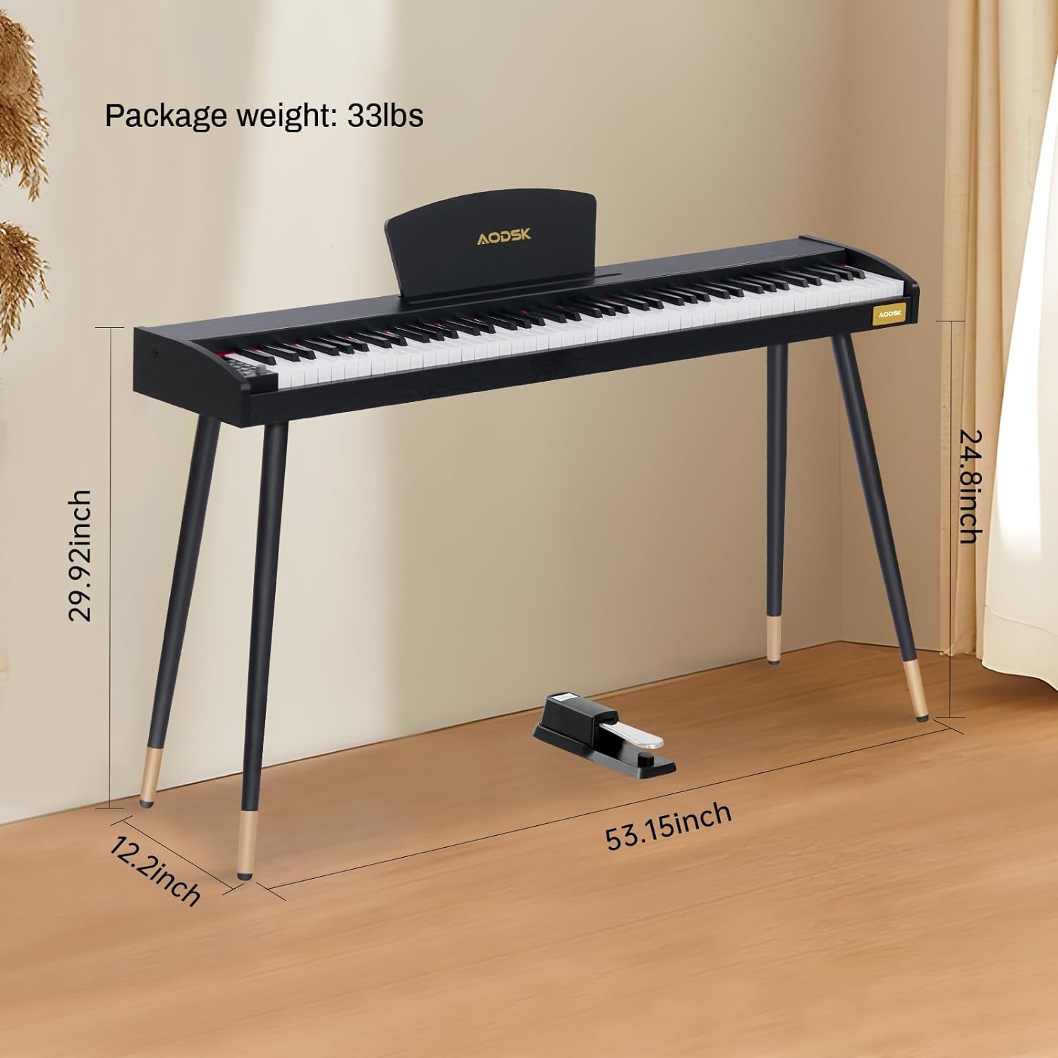 AODSK Digital Piano 88 Key Full Size Weighted Keyboard Overall Solid Wood Frame for Beginners with Sheet Music Stand Triple Pedal Power Adapter