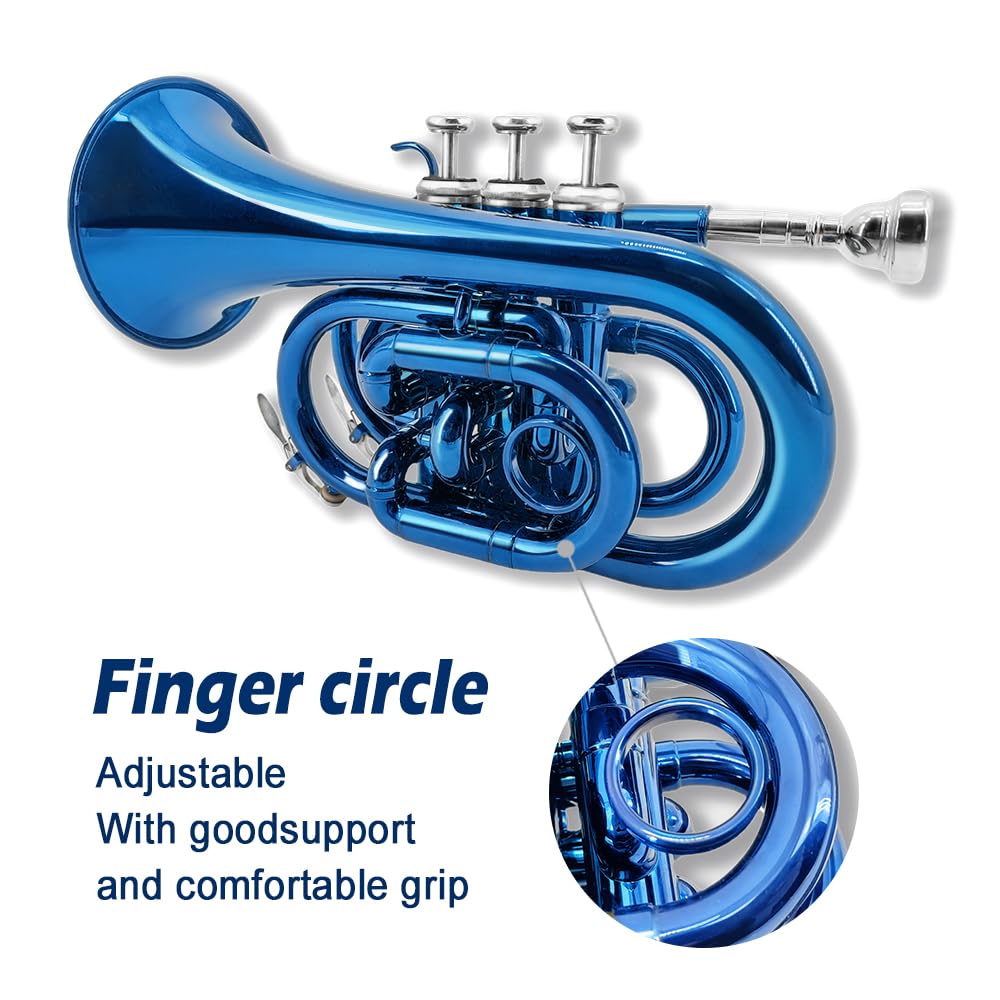 Yinfente Bb Flat Pocket Trumpet Bass Trumpet For Beginner,Student With Cleaning cloth, Silver plated 7C mouthpiece,hard case White gloves (Gold)