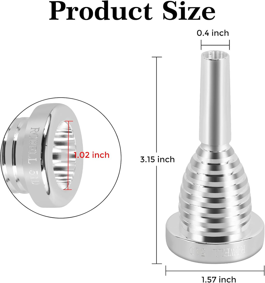 ROWELL 51D Silver Trombone Mouthpiece - Brass, Compatible with Beginners and Professionals, Modern Style, B Flat Instrument