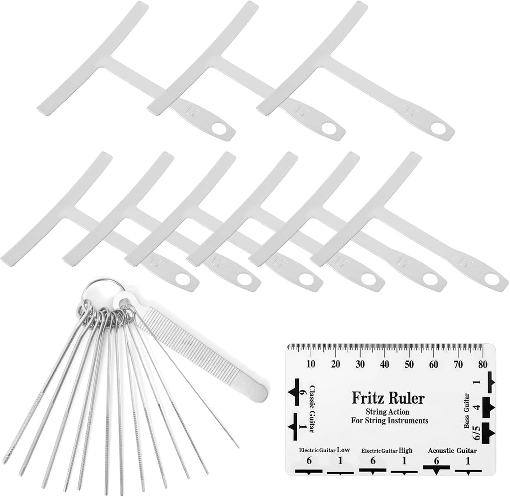 11pcs Guitar Luthier Tools Set, Include 9 Guitar Understring Radius Gauge 1 String Action Gauge Ruler 1 Bridge Saddle Nut Files for Bass Setup Repair Tool Kit