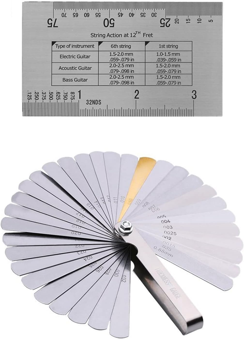 Jiawu Guitar String Action Gauge Ruler 32 Piece Feeler Gauges Set Fingerboard Fret Protector Guards Stainless Steel Measuring Tool