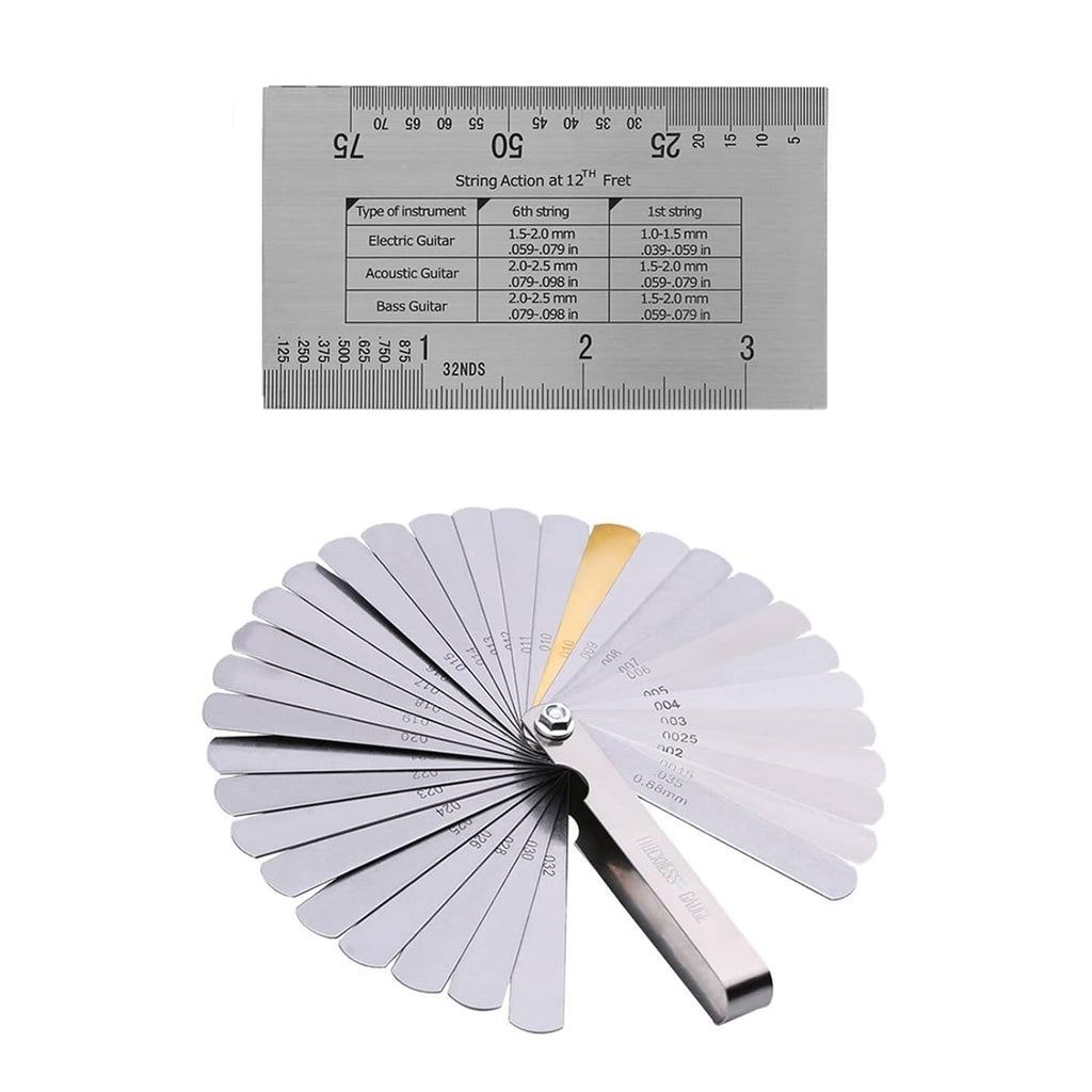 Guitar String Action Gauge Kit with Double Sided Etched Ruler 2 Fret Protector Guards 2 Sizes and 32 Piece Feeler Gauge Set for Precise String Height Measurement Luthier Maintenance