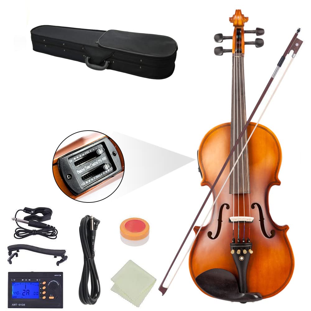 Ktaxon Acoustic Electric Violin, 4/4 Violin with EQ preamp and Ebony Accessories, Full-size Violin with AUX Cable, Shoulder Rest, Rosin, Extra String and Cleaning Cloth (Black)