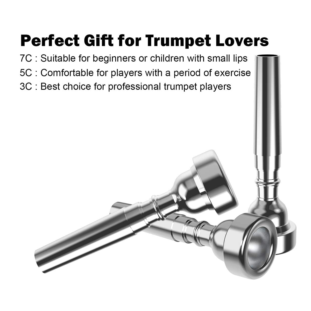 Silver Trumpet Mouthpiece 7C 5C 3C Trumpet Mouthpiece Set with Box Cleaning Cloth Compatible with Yamaha Bach Conn King Musical Instruments for Beginners and Professional Players 3Pack