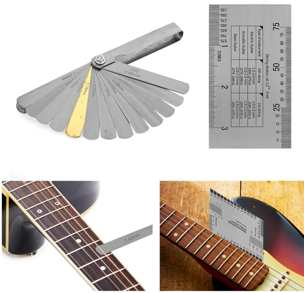 Guitar Setup Tool Kit, String Action Gauge Ruler with 32 Piece Feeler Gauges and 2 Piece Fingerboard Fret Protector Guards