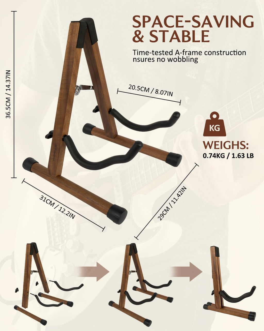 STRICH Wood Guitar Stand, A-Style Folding Acoustic Electric Floor Guitars Stand, Wood Ukulele Holder for Bass, Cello, Mandolin, Banjo, SGS-02