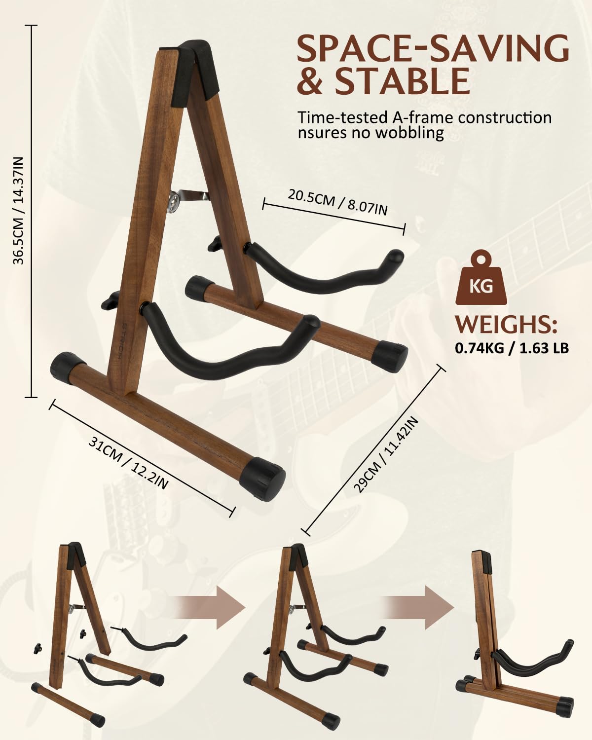 STRICH Wood Guitar Stand, A-Style Folding Acoustic Electric Floor Guitars Stand, Wood Ukulele Holder for Bass, Cello, Mandolin, Banjo, SGS-02