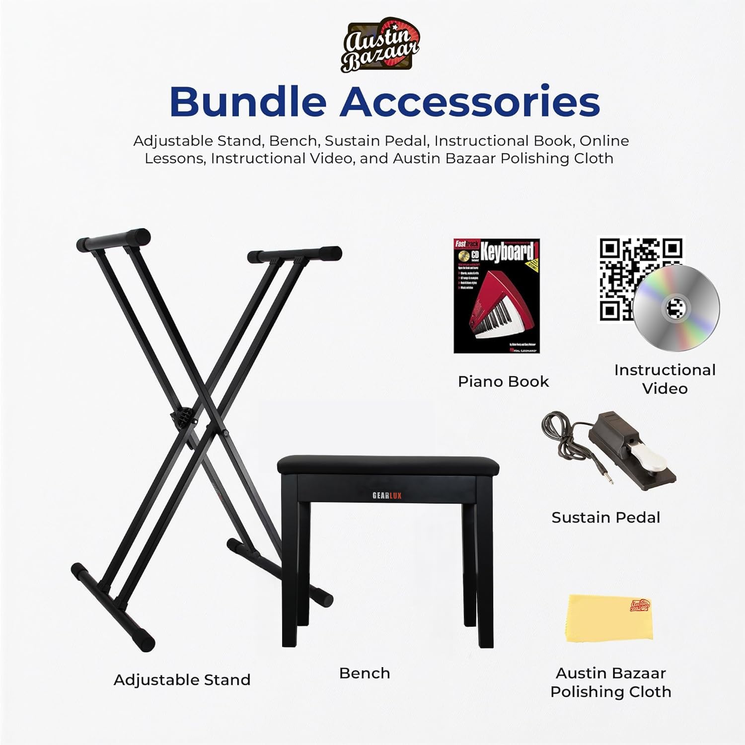 Casio PX-S1100 Privia Digital Piano - Black Bundle with CS-68 Furniture Stand, SP-34 Three Pedal System, Furniture Bench, Instructional Book, Instructional Video, and Austin Bazaar Polishing Cloth