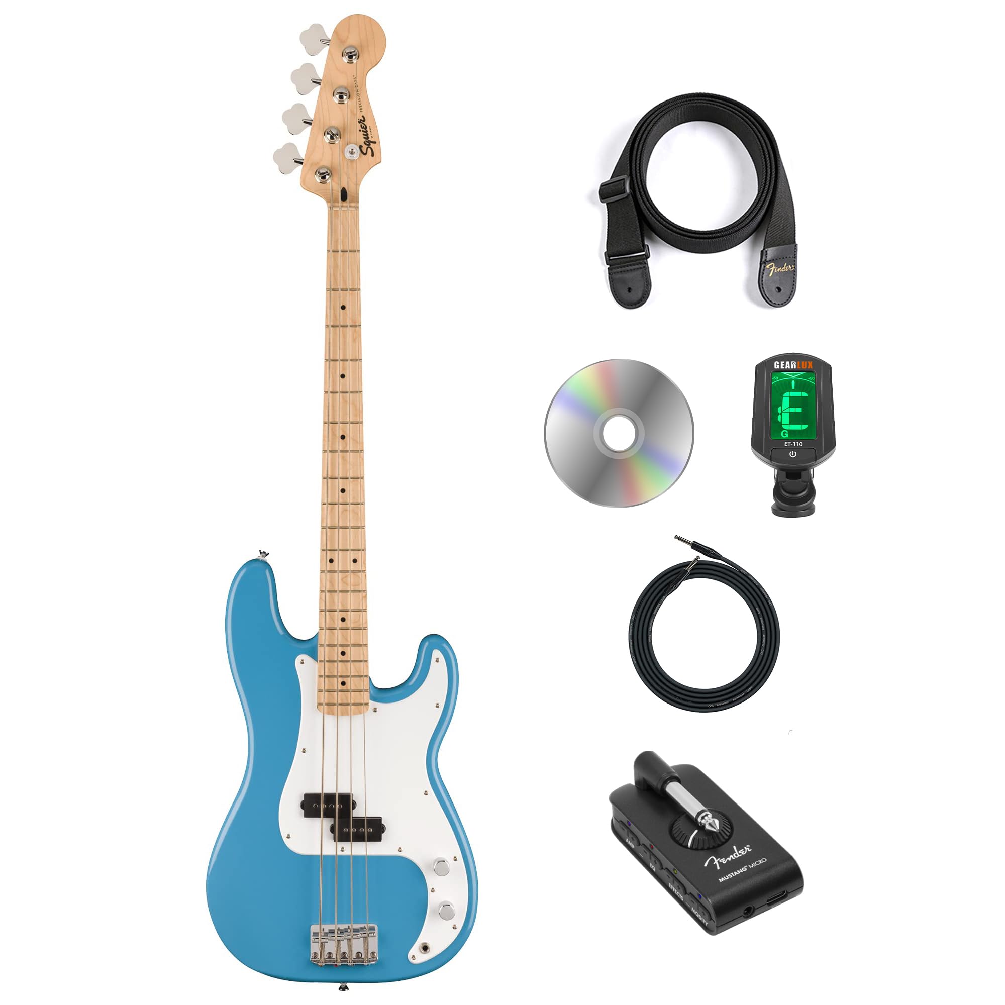 Fender Squier Sonic Precision Bass Guitar - California Blue Bundle with Amplifier, Cable, Tuner, Strap, and Austin Bazaar Instructional DVD