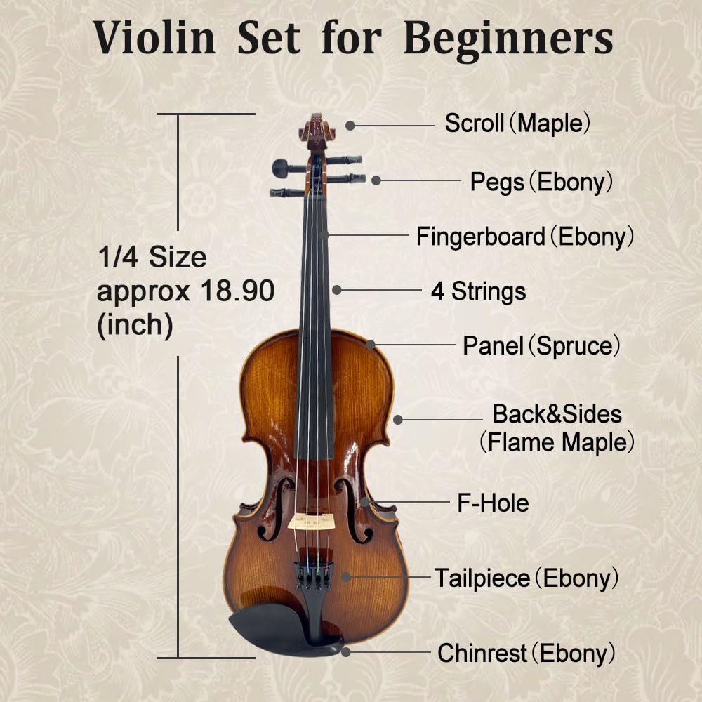 1/2 Violin Set for Beginners Violin Fiddle Set for Beginners with Shoulder Rest Bow Bridge Hard Case and Extra 4strings