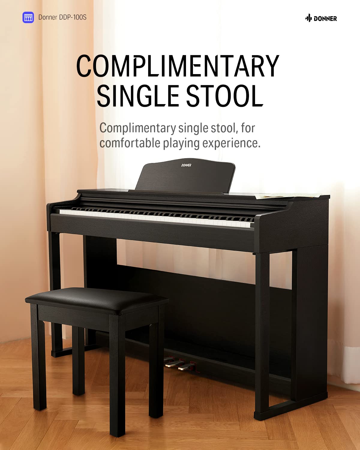 Donner DDP-100S Digital Piano 88 Key Weighted Graded Hammer-Action Piano Keyboard with MIDI In/Out, 200 Sounds & Rhythms, 100 Demo, Electric Piano with Bench for Beginner Professional