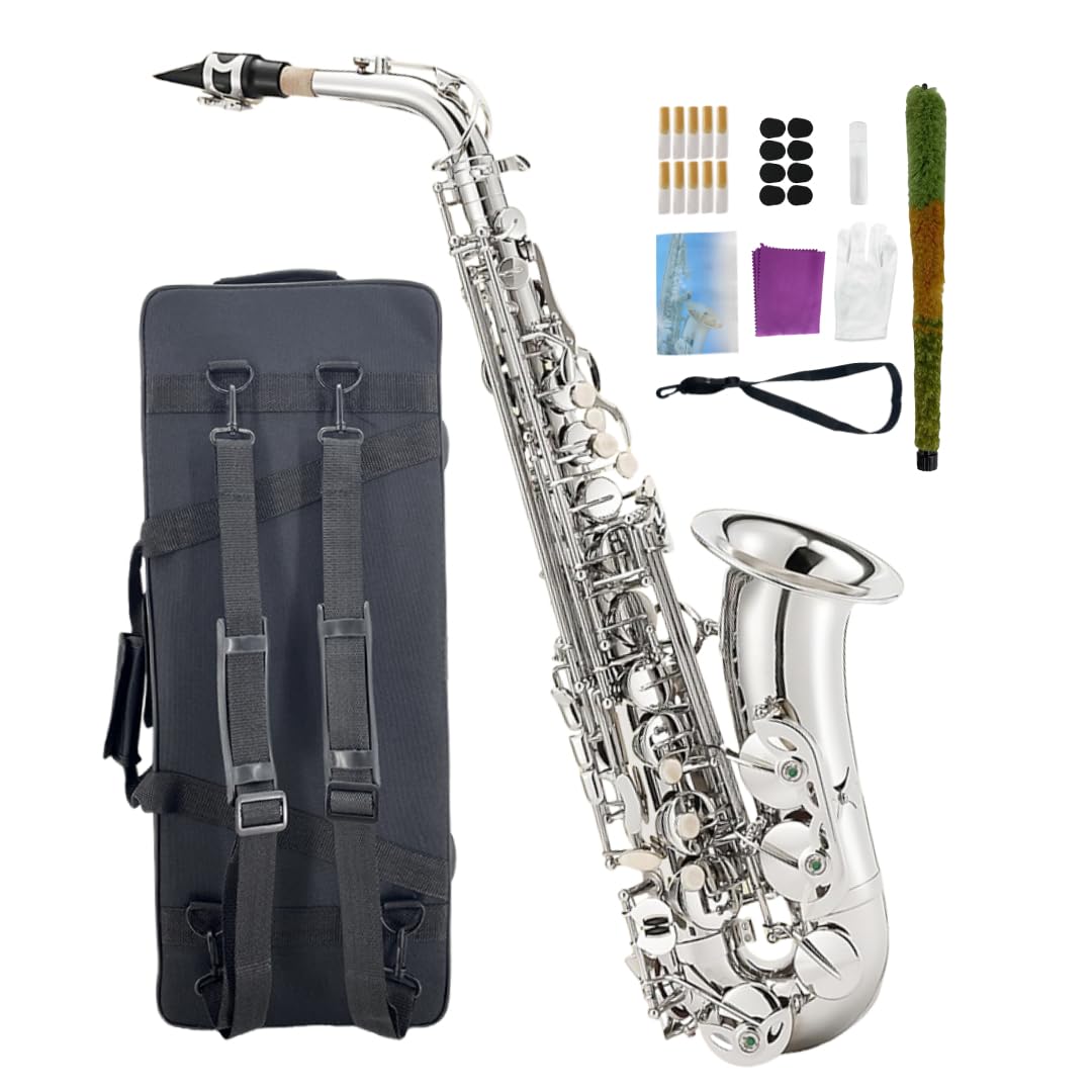 Beginner Alto Saxophone, E Flat - Complete Starter Kit with Case & 10 Reeds, for Adults & Students, Easy to Play for School Band & Practice(Gold)