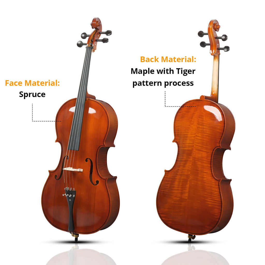 4/4 Full Size Cello Set,Professional Handmade Solid Wood Acoustic Cello with Portable Bag,Bow,Rosin,Cello Musical Instrument for Beginners & Adults (Natural)