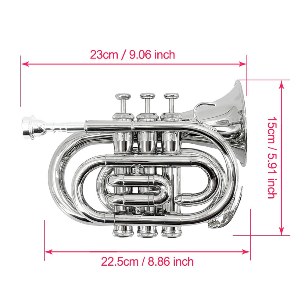 Bb Pocket Trumpet - Brass Pocket Trumpet B Flat Nickel Plated, 7C Mouthpiece, Complete Beginner Kit - Includes Hard Carrying Case, Cleaning Kit, Gloves, golden