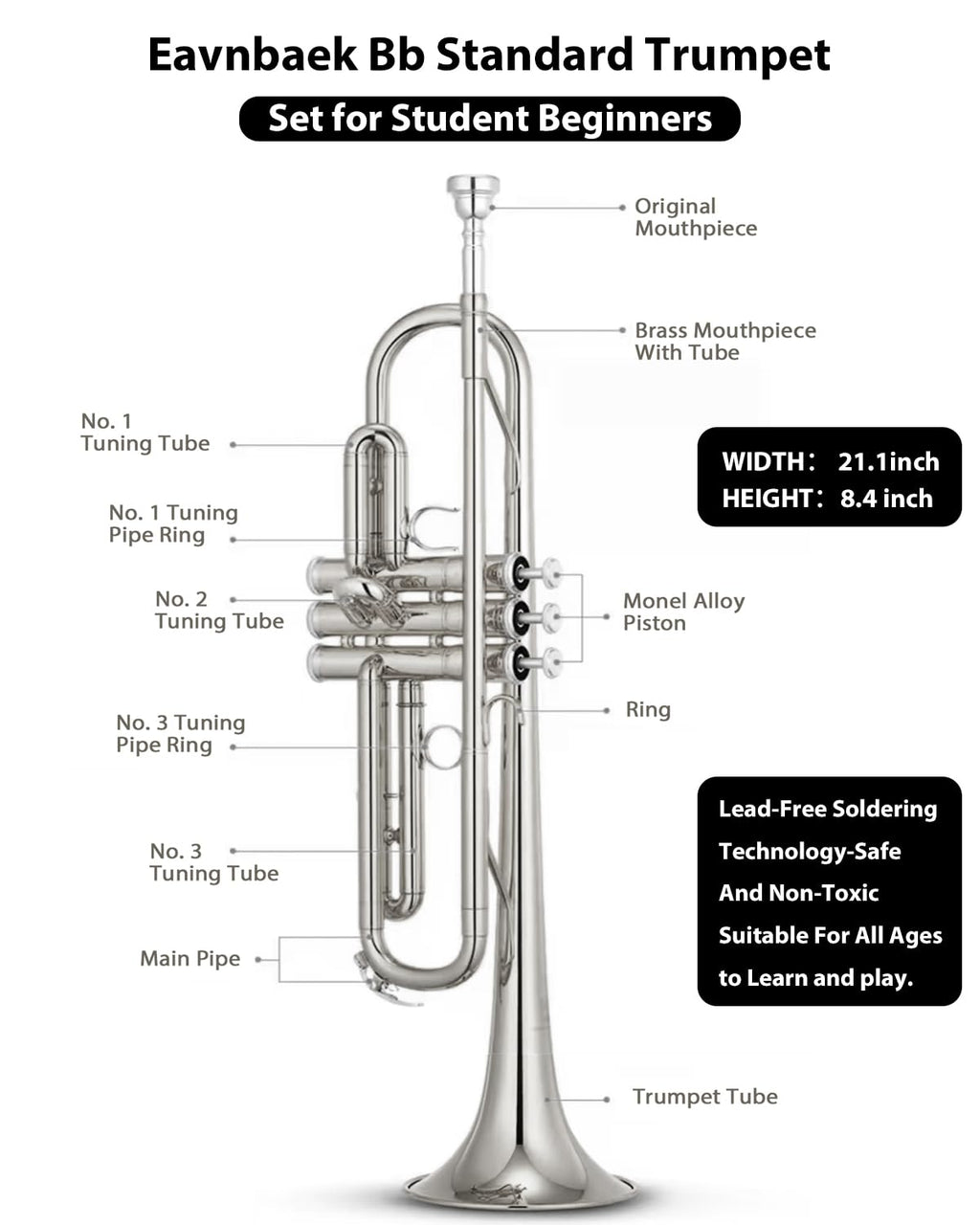 Eavnbaek Bb Standard Trumpet Set for Beginner or Advanced Student, Brass Student Trumpet Instrument with Hard Case, Cleaning Kit, 7C Mouthpiece and Gloves (Gold)