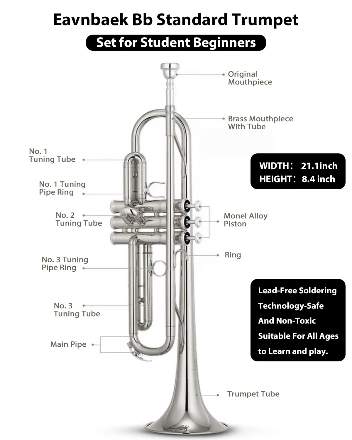 Eavnbaek Bb Standard Trumpet Set for Beginner or Advanced Student, Brass Student Trumpet Instrument with Hard Case, Cleaning Kit, 7C Mouthpiece and Gloves (Gold)