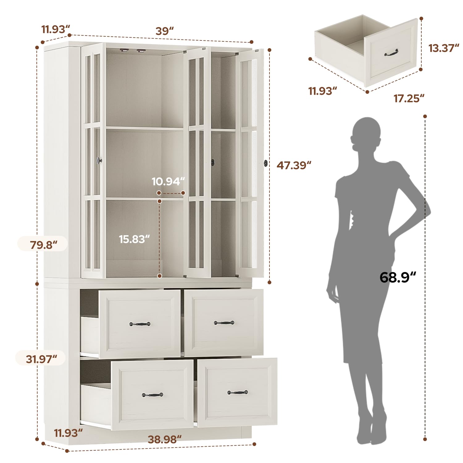 80" Tall Storage Cabinet with Glass Doors, 2-in-1 Modular Bookcase Cabinet, Freestanding Kitchen Pantry Storage Cabinet & Bookshelf for Living Room, Kitchen, Bathroom (4, Cracked Oak, AD)