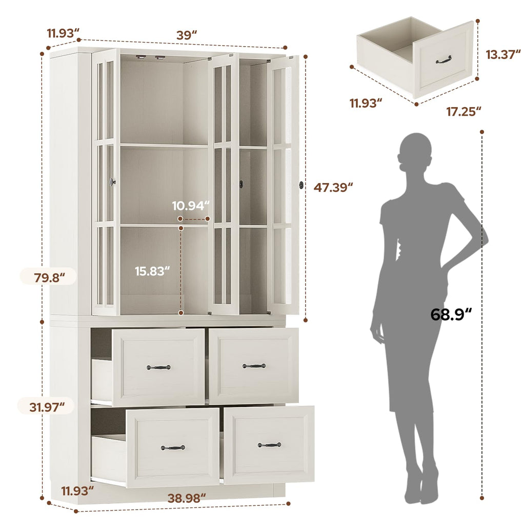 80" Tall Storage Cabinet with Glass Doors, 2-in-1 Modular Bookcase Cabinet, Freestanding Kitchen Pantry Storage Cabinet & Bookshelf for Living Room, Kitchen, Bathroom (4, Cracked Oak, AD)
