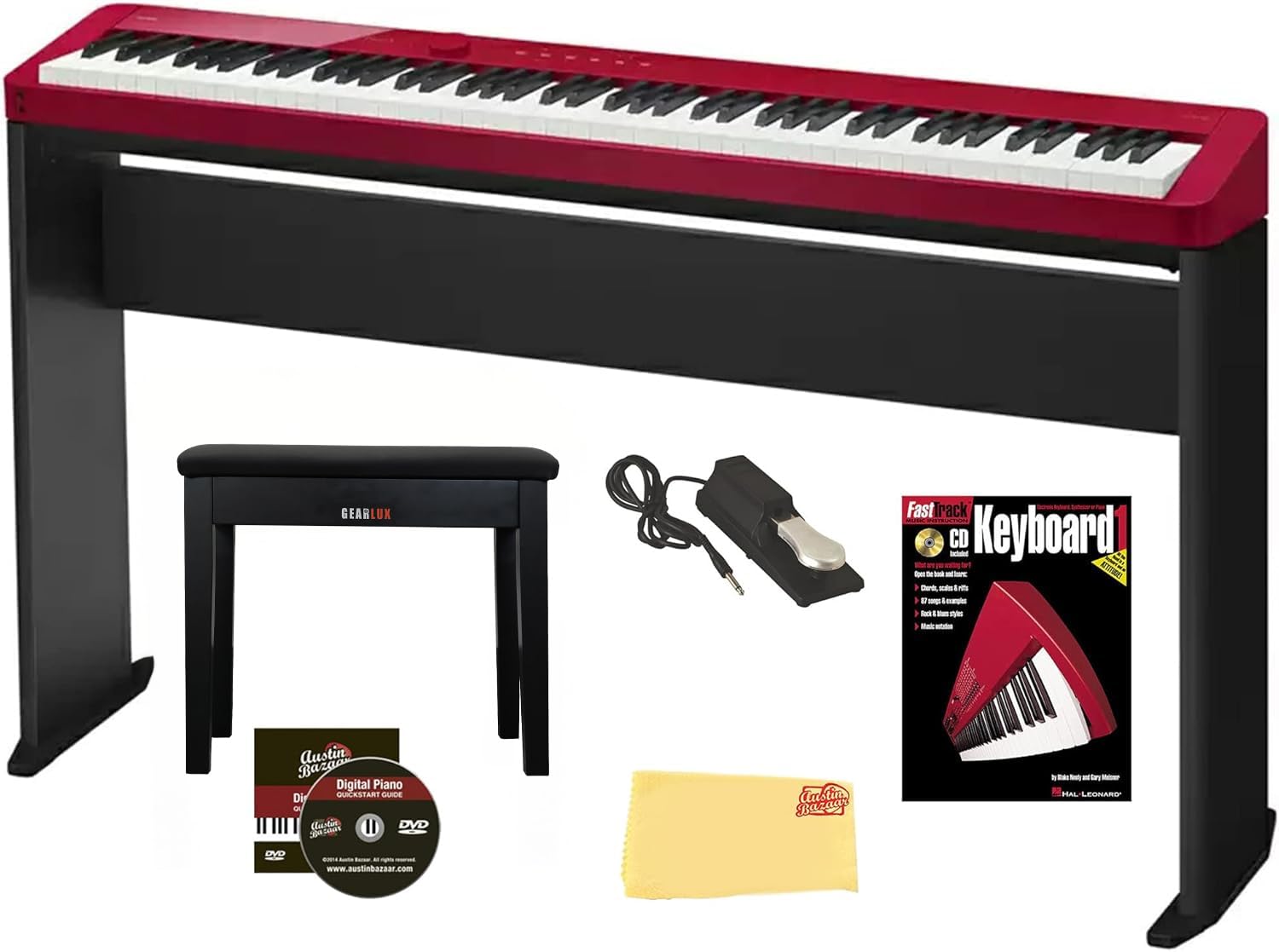 Casio PX-S1100 Privia Digital Piano - Black Bundle with CS-68 Furniture Stand, SP-34 Three Pedal System, Furniture Bench, Instructional Book, Instructional Video, and Austin Bazaar Polishing Cloth