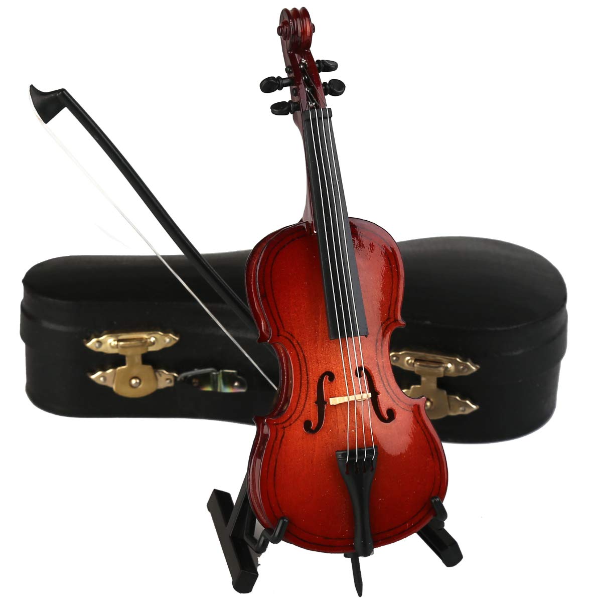 Wooden Miniature Cello with Stand, Bow and Case Mini Musical Instrument Cello Replica Collectible Figurines Dollhouse Accessories Model Home Decoration Display Ornament (5.51"x1.97"x0.63")