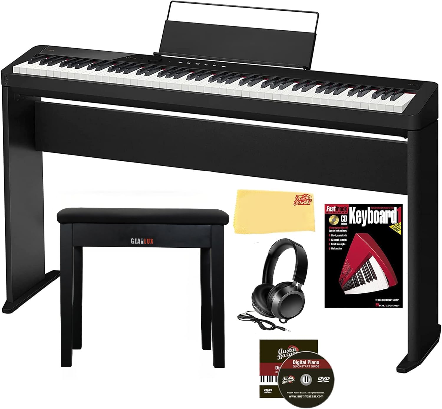 Casio Privia PX-S3100 Digital Piano - Black Bundle with Adjustable Stand, Bench, Headphones, Instructional Book, Online Lessons, Instructional DVD, and Austin Bazaar Polishing Cloth