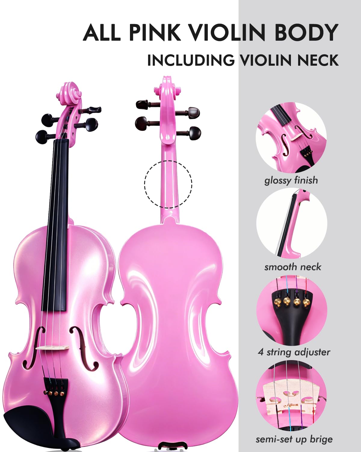 Aileen Violin 4/4 Full Size for Adults Beginners, Black Fiddle Starter Kit for Students Age 12+, including Music Stand, Unique New Fingerboard Sticker, Mute