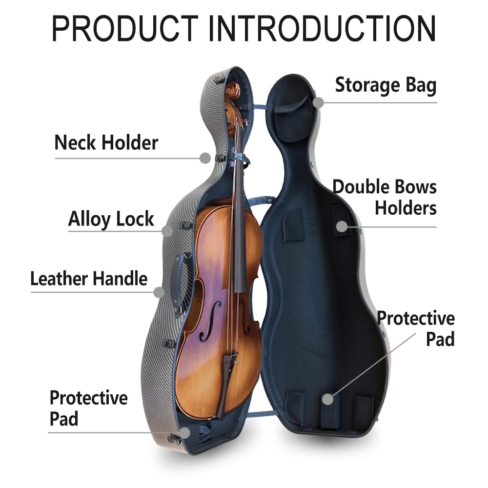 Vetimobato Carbon Fiber Cello Case for 4/4 Full Size Hard Shell with Wheels, Built-in Handle, Backpack Straps, Bow Holders Cello Accessories Box Strong & Ultralight (Dark Green)
