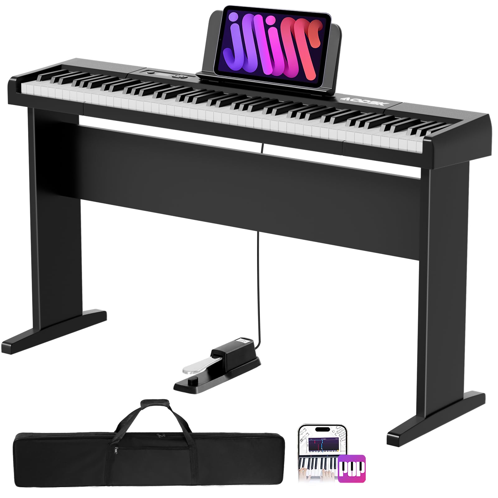 AODSK Digital Piano 88 Key Full Size Weighted Keyboard Overall Solid Wood Frame for Beginners with Sheet Music Stand Triple Pedal Power Adapter