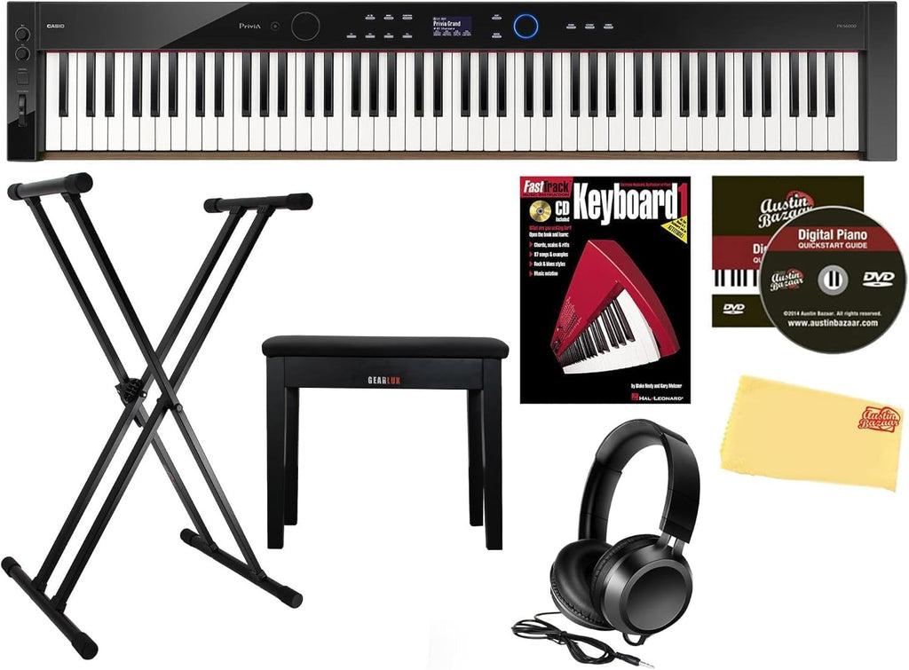 Casio Privia PX-S6000 Digital Piano - Black Bundle with Adjustable Stand, Bench, Headphones, Piano Book, Online Piano Lessons, Instructional DVD, and Austin Bazaar Polishing Cloth