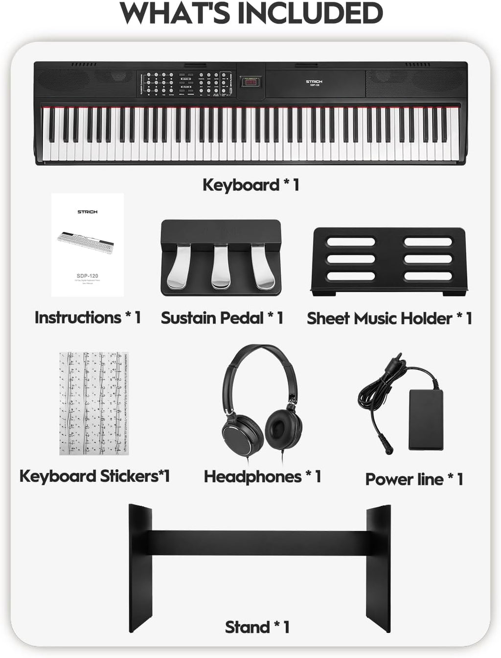 STRICH 88 Keys Weighted Keyboard with Sustain Pedal, Hammer-Action Digital Piano, 2x15W Built-In Speakers, Full-size Electric Piano Keyboard Supports USB-MIDI/Wireless Connect, White, SDP-120