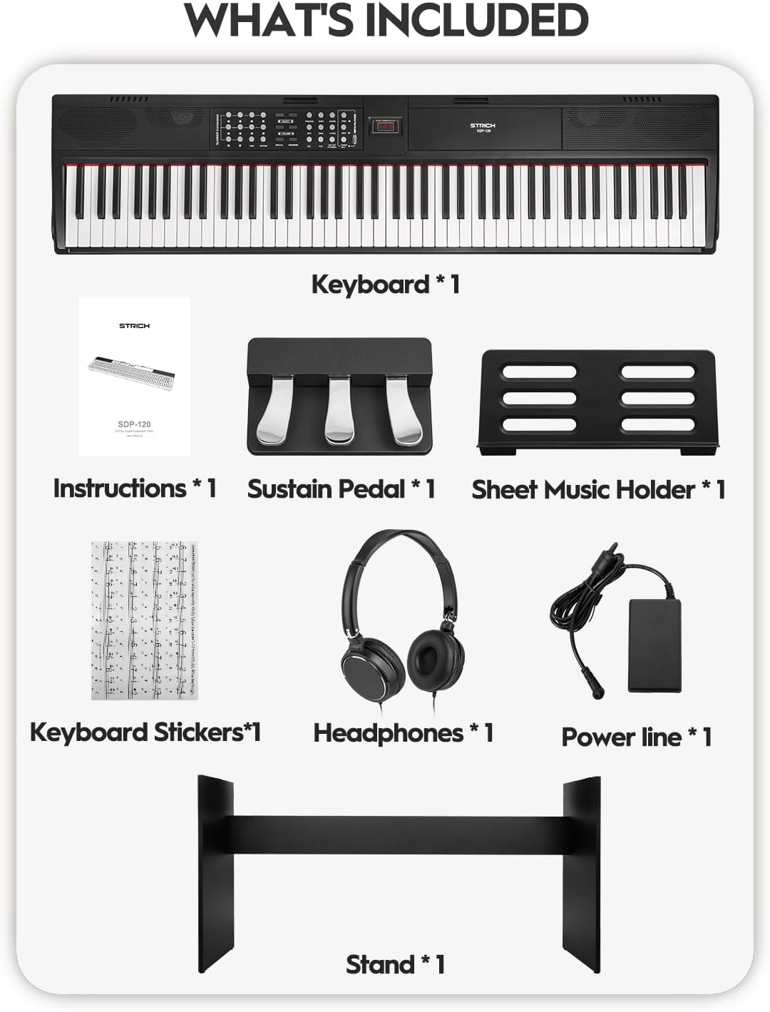STRICH 88 Keys Weighted Keyboard with Sustain Pedal, Hammer-Action Digital Piano, 2x15W Built-In Speakers, Full-size Electric Piano Keyboard Supports USB-MIDI/Wireless Connect, White, SDP-120