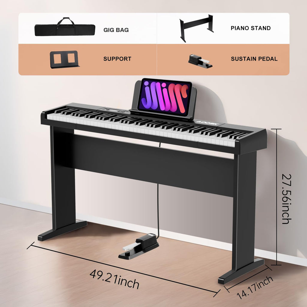 AODSK Digital Piano 88 Key Full Size Weighted Keyboard Overall Solid Wood Frame for Beginners with Sheet Music Stand Triple Pedal Power Adapter