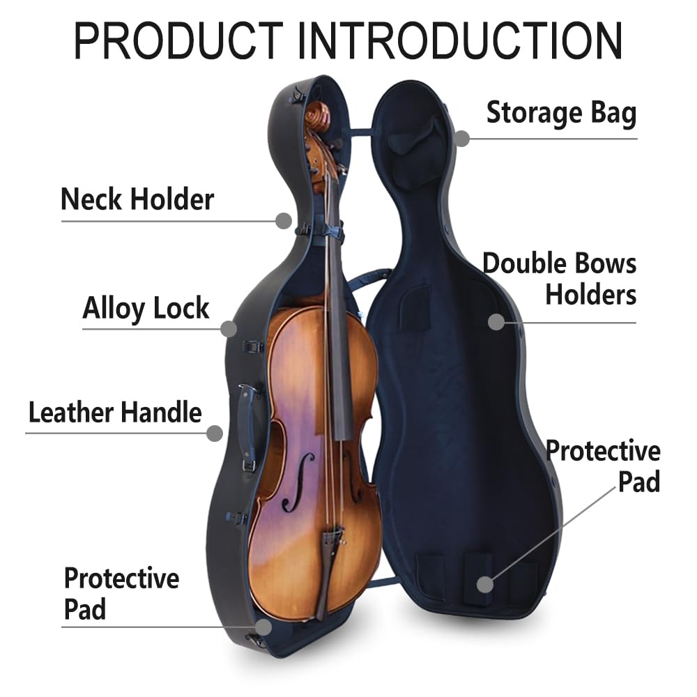 Vetimobato Carbon Fiber Cello Case for 4/4 Full Size Hard Shell with Wheels, Built-in Handle, Backpack Straps, Bow Holders Cello Accessories Box Strong & Ultralight (Dark Green)