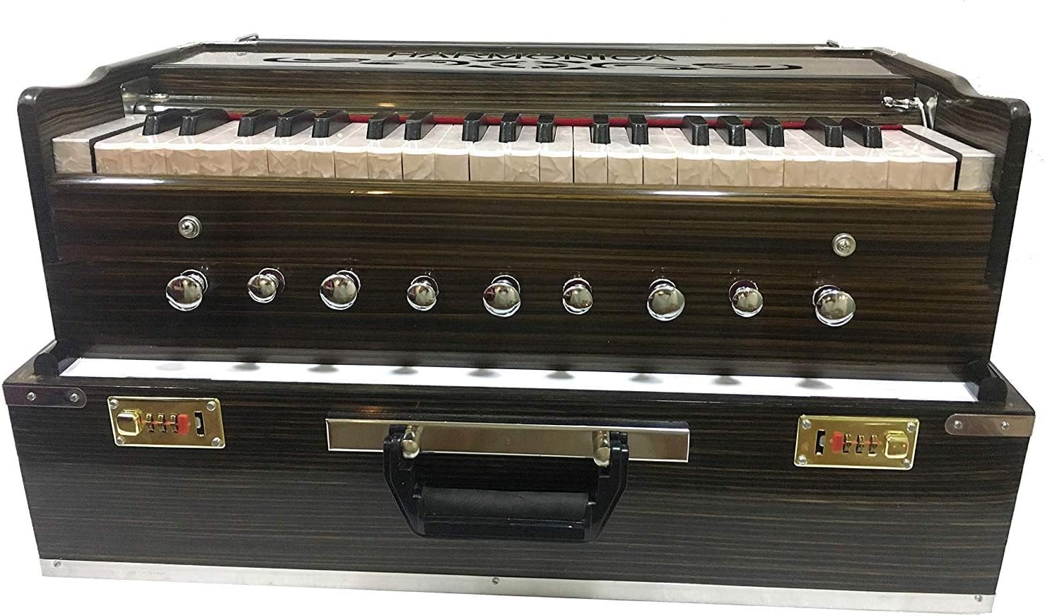 9 Stopper Portable Harmonium Chudidaar Bellow 42 Key 2 Reed Bass Male Backward Coupler Indian Harmonium Professional Harmonium Handmade Musical Instrument Brass