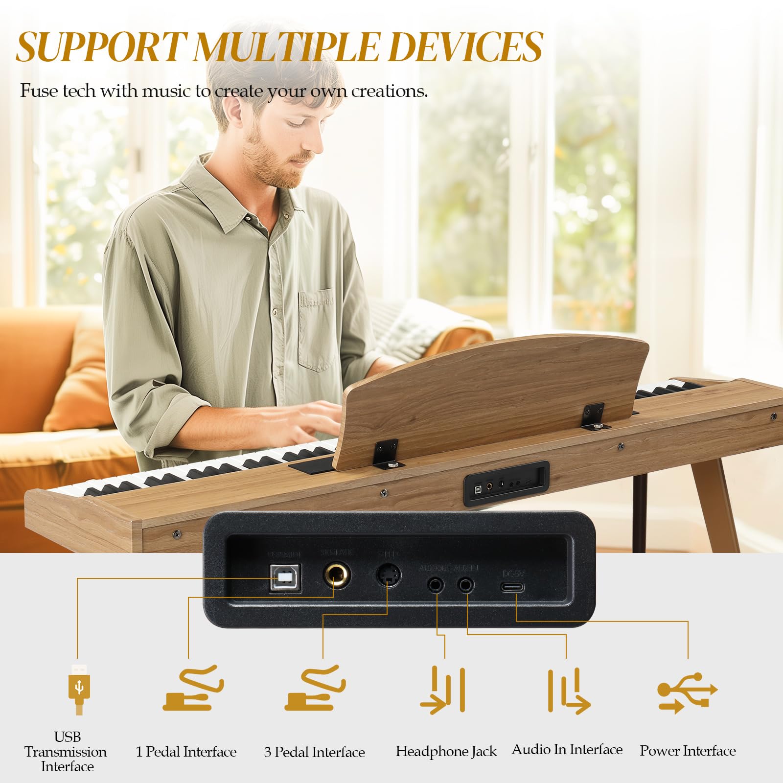 Ktaxon 88 Key Semi Weighted Keyboard with 64 Polyphony, 128 Rhythms, 128 GM Tones & 3 Pedal Unit, Piano Keyboard with Adjustable Bench, Multi-External Interfaces, Bluetooth MIDI for Beginners(Natural)