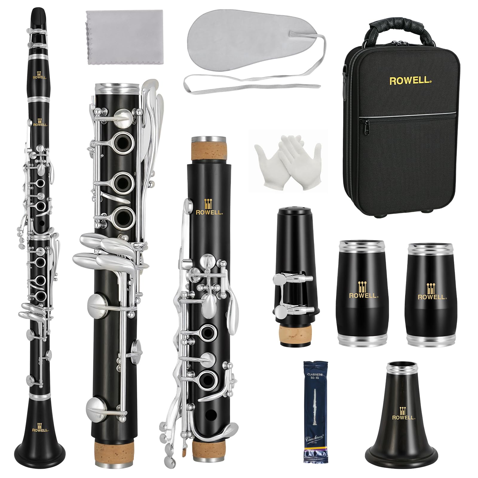 ROWELL 18 Key Bb Clarinet with Eb/Ab Lever & African Blackwood Wood Body Professional Rich Tone for Intermediate Players & Students Includes Case, Mouthpiece, Reeds