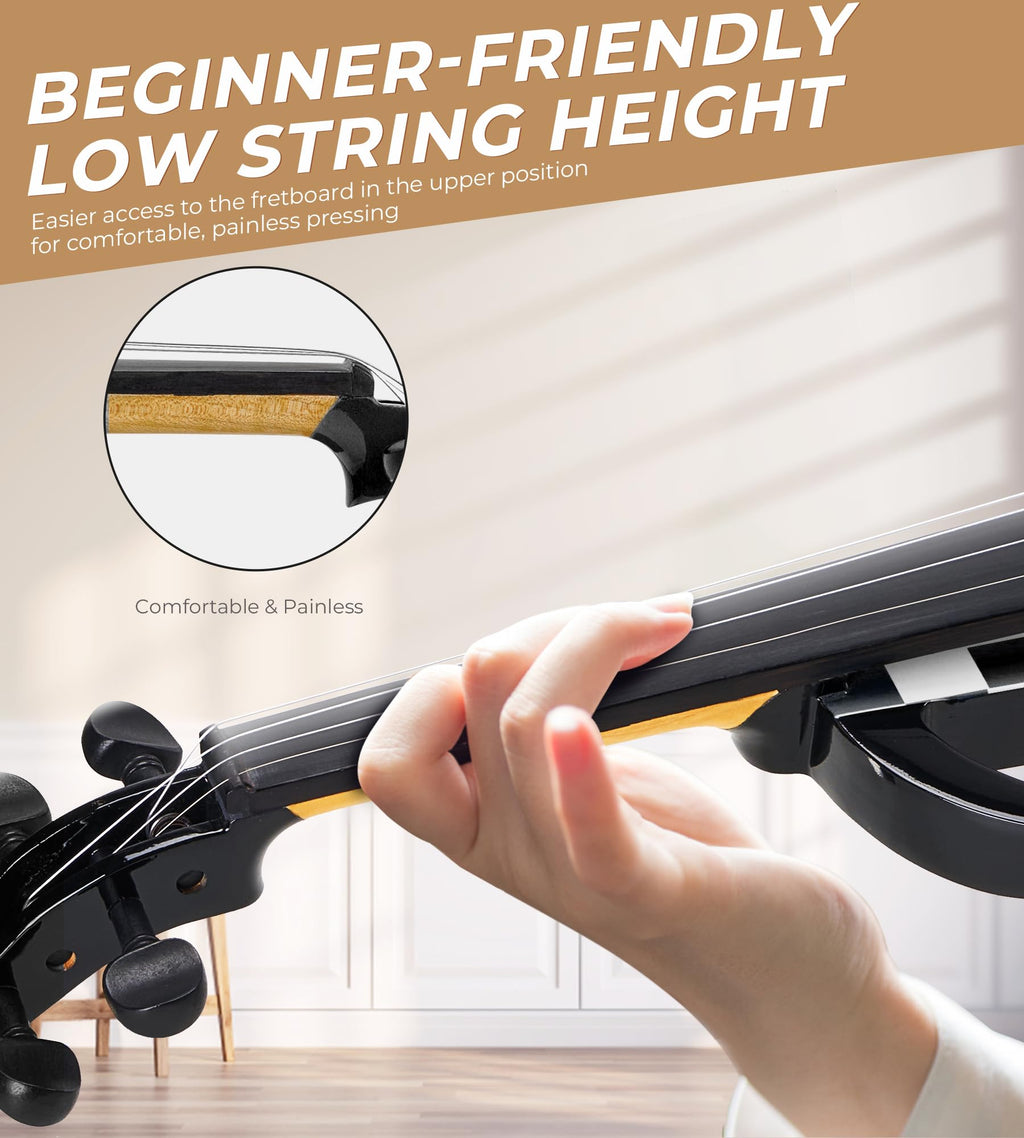 Vangoa Electric Violin Full Size 4/4, Black Silent Electric Violin, Solid Wood Metallic Electric Fiddle with Ebony Fittings, Beginner Kit for Adults Teens