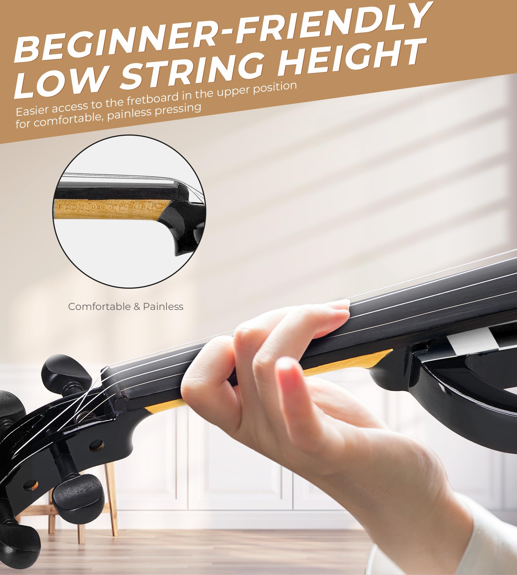 Vangoa Electric Violin Full Size 4/4, Black Silent Electric Violin, Solid Wood Metallic Electric Fiddle with Ebony Fittings, Beginner Kit for Adults Teens