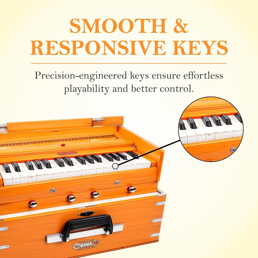 BINA 23B Deluxe, Harmonium, 2 1/2 Octaves, 32 Keys, Small, Portable, Compact, Special Reeds, Safri, Natural Color, Bag, Kirtan, Musical Instrument Indian (PDI- DAA)