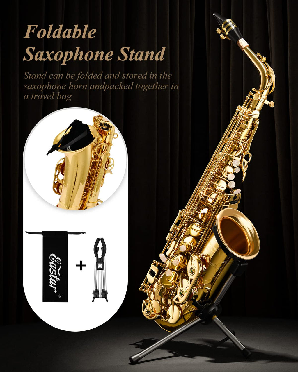 Eastar Student Alto Saxophone E Flat for Beginner Sax Full Kit with Carrying Case, Mouthpiece, Straps, Reeds, Stand, Golden Lacquer, AS-Ⅱ